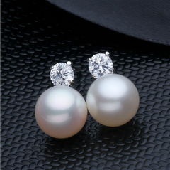 Round Pearl Stud Earrings with Silver-Plated Design