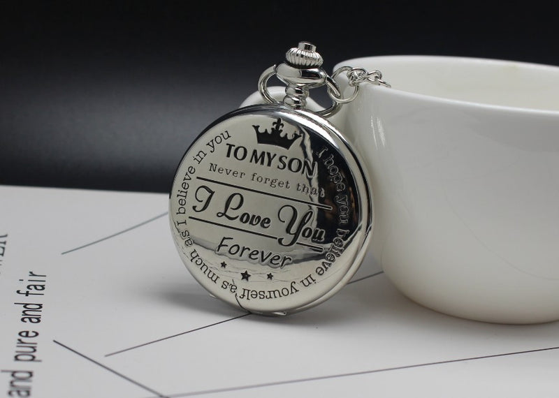 To My Son Vintage Black Quartz Pocket Watch | Love You Forever Gift from Mom or Dad