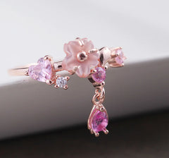 Pink Cherry Blossom Shell Necklace & Ring Set in Rose Gold
