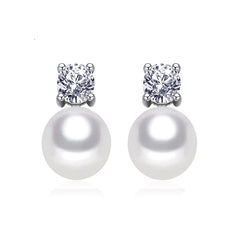 Round Pearl Stud Earrings with Silver-Plated Design