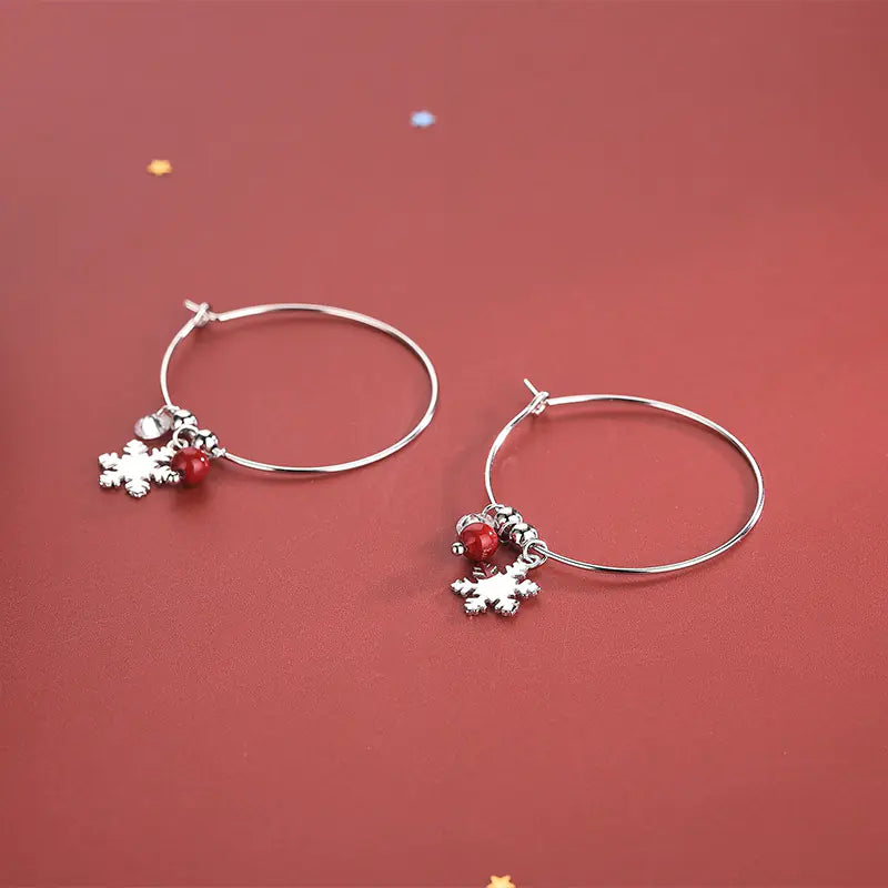 S925 Silver Korean Style Snowflake Earrings with Red Balls