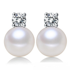 Round Pearl Stud Earrings with Silver-Plated Design