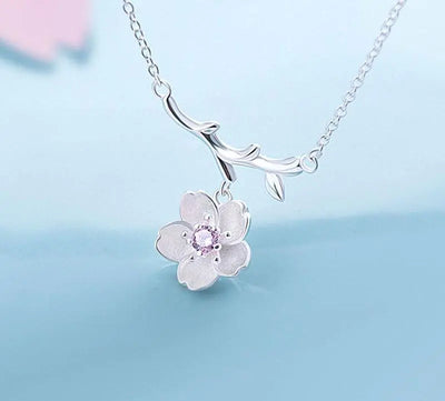 Cherry Blossom Necklace, 925 Silver Long Chain