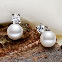 Round Pearl Stud Earrings with Silver-Plated Design