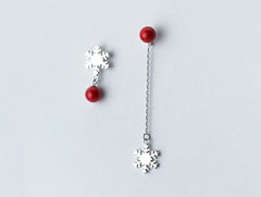 S925 Silver Snowflake Earrings with Red Beads and Pearls