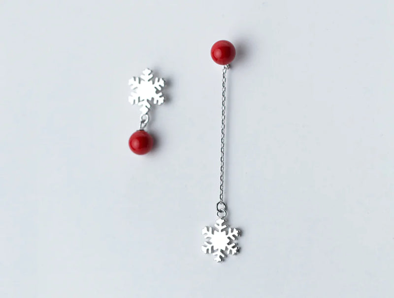 S925 Silver Snowflake Earrings with Red Beads and Pearls