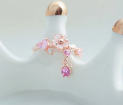Pink Cherry Blossom Shell Necklace & Ring Set in Rose Gold