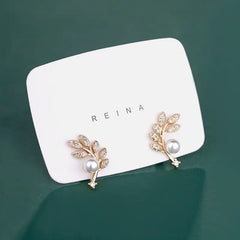 S925 Silver Leaf Earrings with Pearls and Diamonds