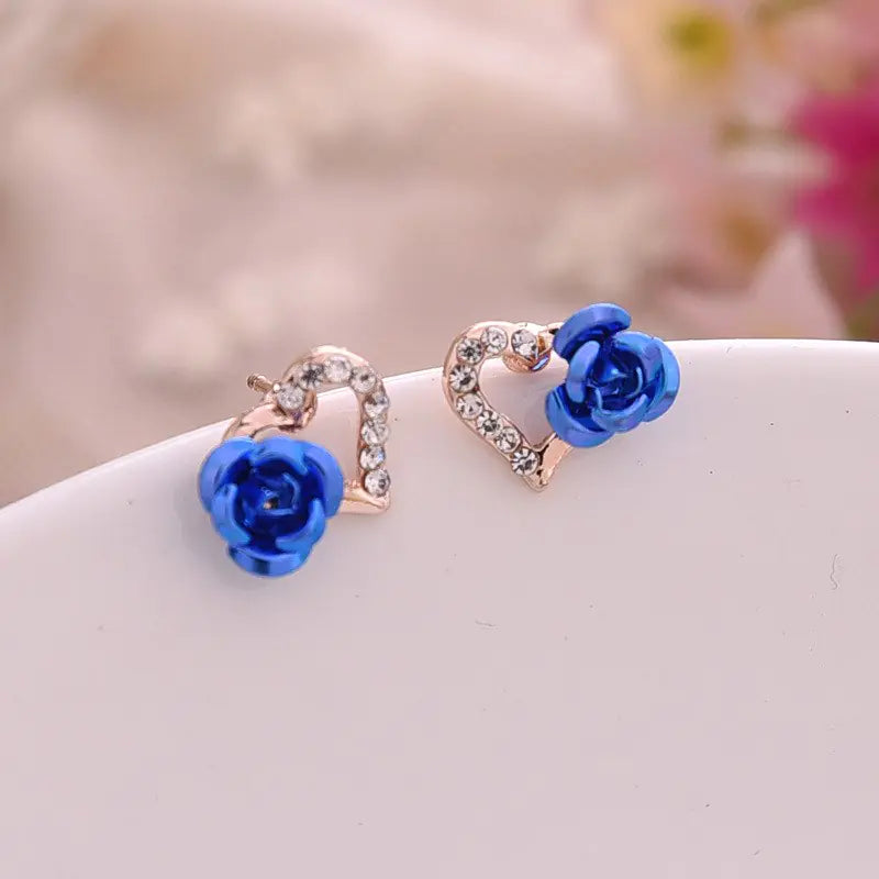 Heart-Shaped Rose Flower Stud Earrings