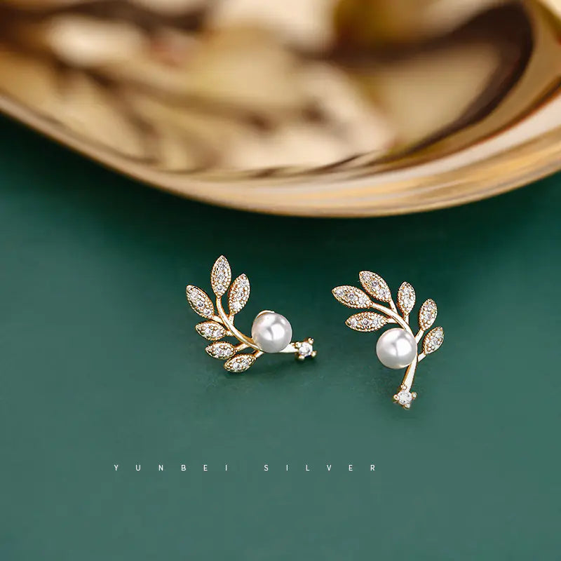 S925 Silver Leaf Earrings with Pearls and Diamonds