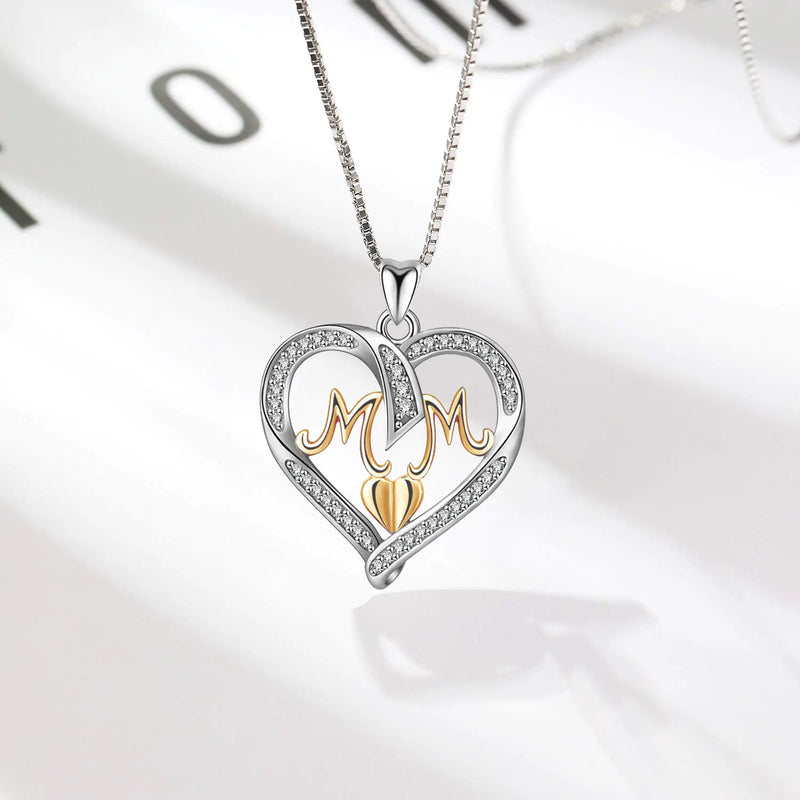 Sterling Silver Heart MOM Pendant Necklace for Women