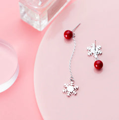S925 Silver Snowflake Earrings with Red Beads and Pearls