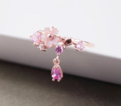 Pink Cherry Blossom Shell Necklace & Ring Set in Rose Gold