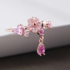Pink Cherry Blossom Shell Necklace & Ring Set in Rose Gold