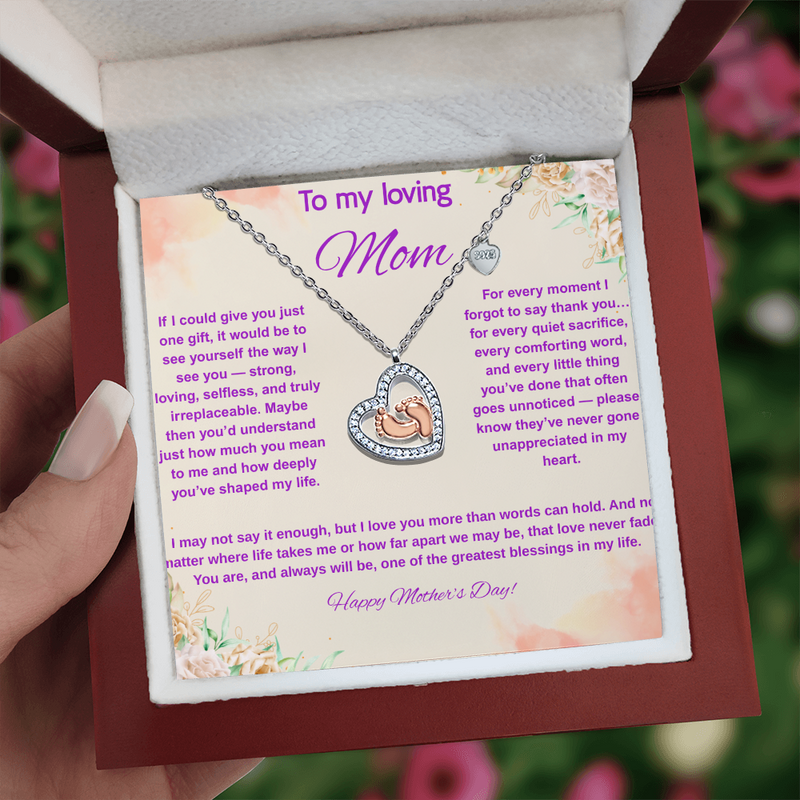 To My Loving Mom at Mother's Day - Baby Feet Heart Necklace