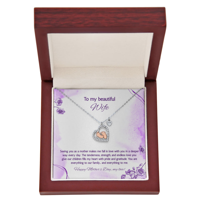 To My Beautiful Wife at Mother's Day - Baby Feet Heart Necklace