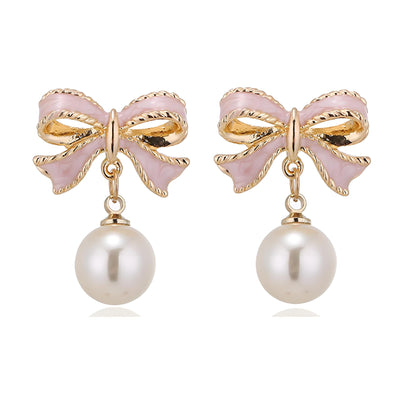 coadipress Christmas Pearl Bow Earrings for Women Fashion Sparkle Rhinestone Bow Earrings Cute Red Pearl Bow Dangle Drop Earrings Christmas Decorations Jewelry Gifts (Pink Bow)