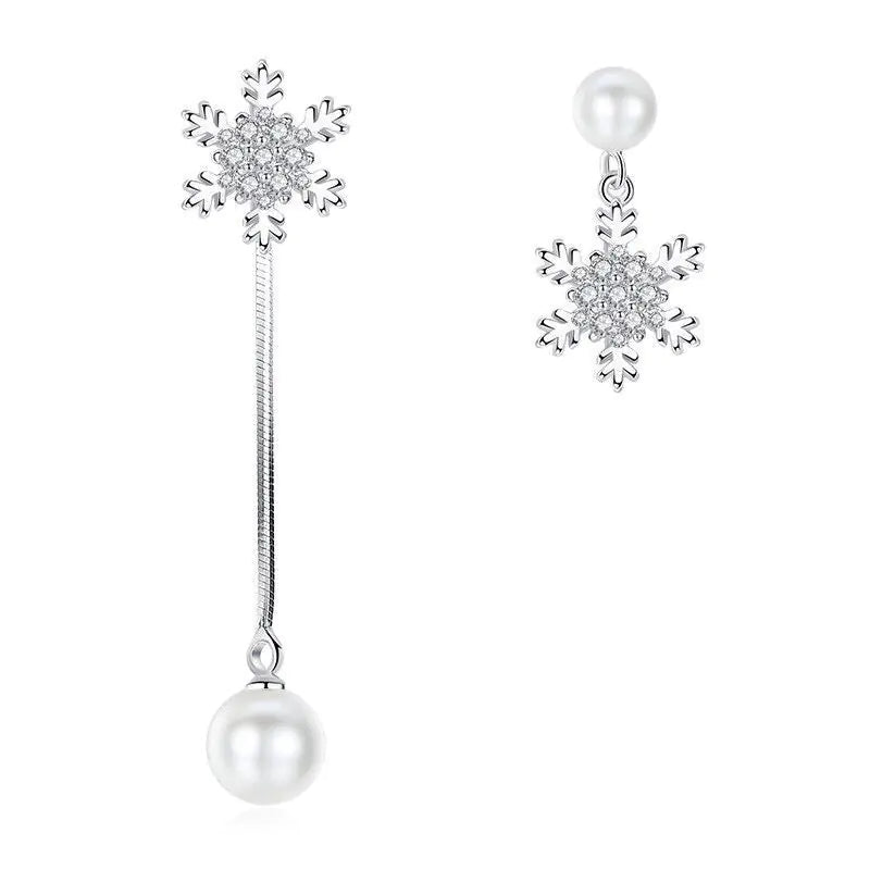 S925 Silver Korean Style Pearl Snowflake Earrings