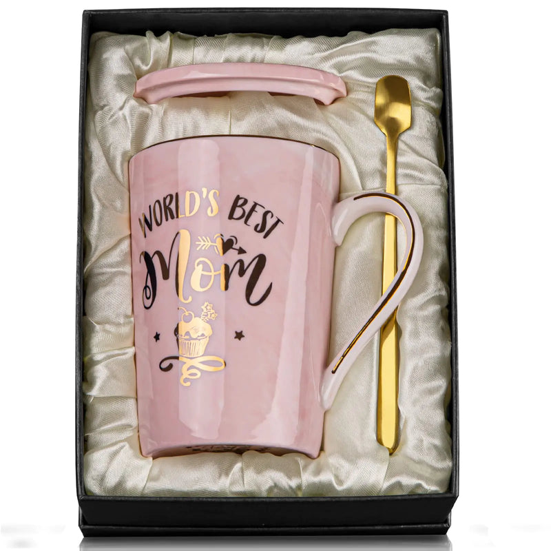 Ceramic Marble World’s Best Mom Coffee Mug Gift Box Printed Gold 14 oz Pink