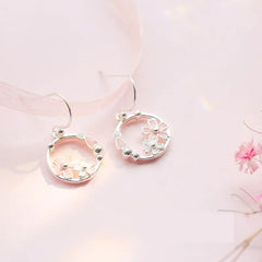 Silver Cherry Blossom Circle Earrings
