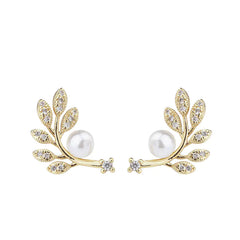 S925 Silver Leaf Earrings with Pearls and Diamonds
