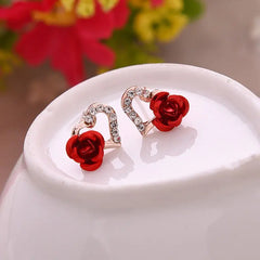 Heart-Shaped Rose Flower Stud Earrings